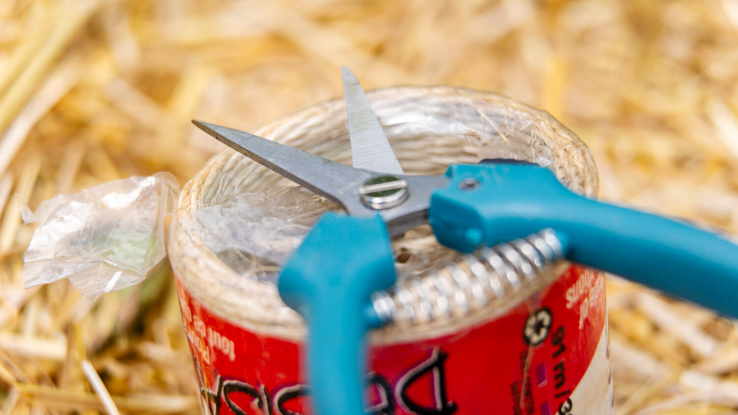 Small scissors resting on top of a spool of garden twine